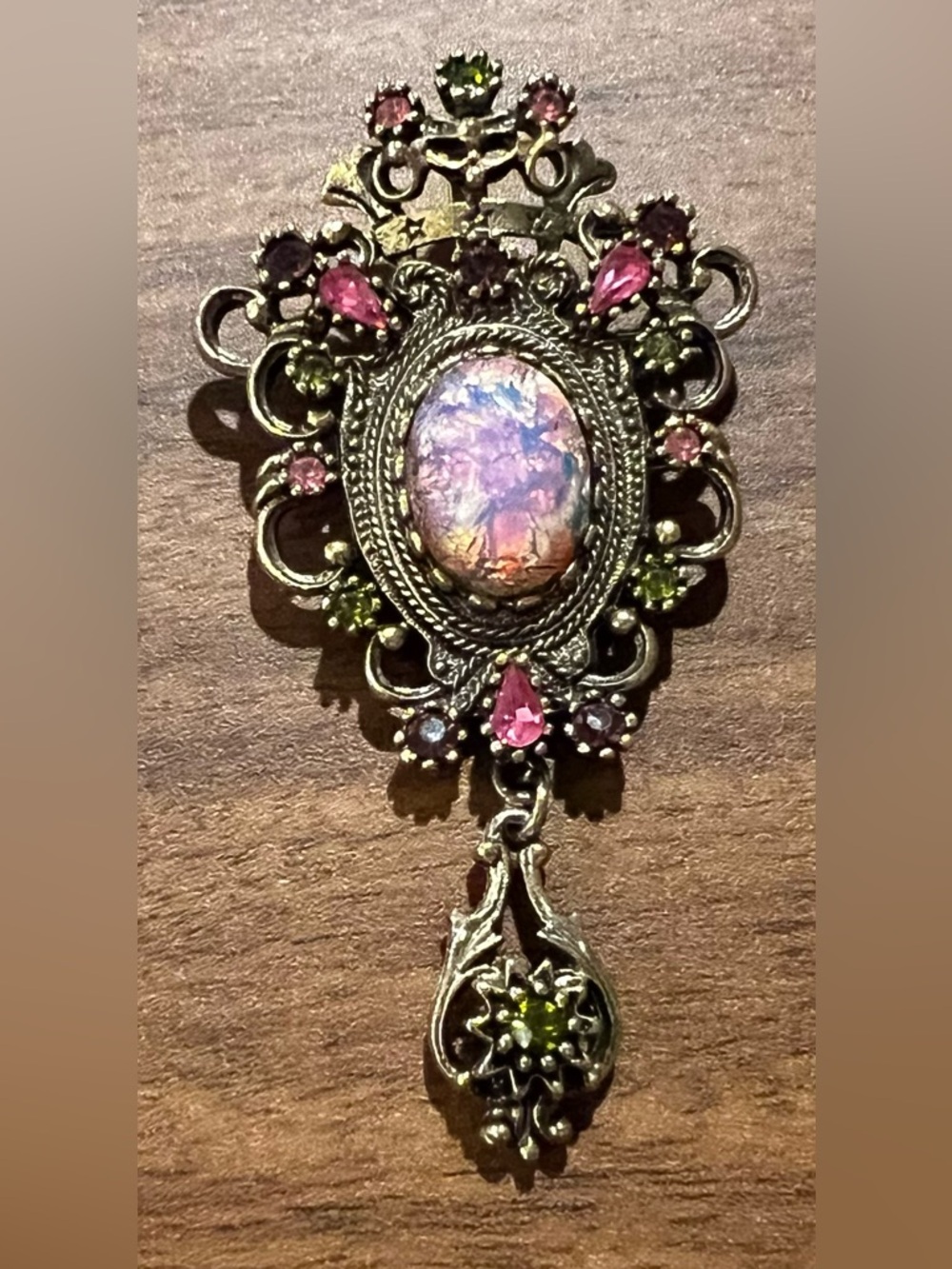 Vintage Sarah Coventry Contessa Victorian Crown Brooch Faux Opal & Rhinestones